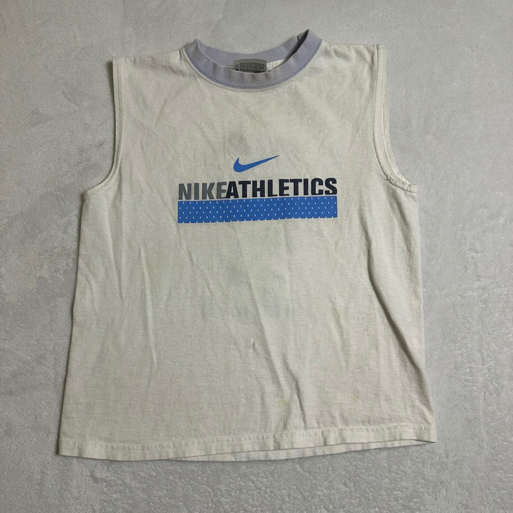 VTG Nike Athletics Kids Size 7 White Sleeveless Shirt Y2K Skater Center Swoosh